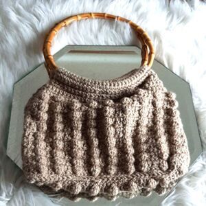 HANDMADE TAN Chroched Purse‎ Bamboo Handles New